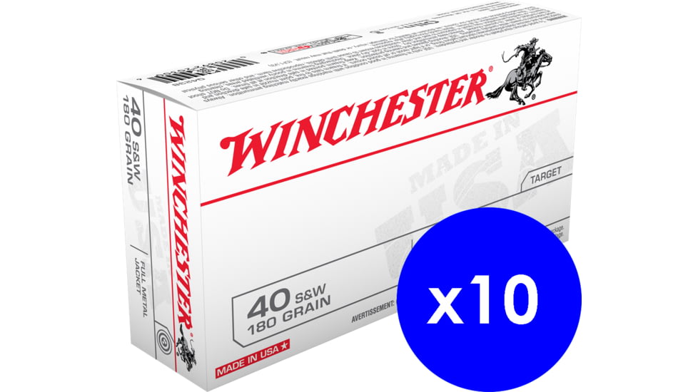 Winchester USA .40 S&amp;W 180 Grain Full Metal Jacket Brass Cased Centerfire Pistol Ammo, 500 Rounds, Q4238-KIT4
