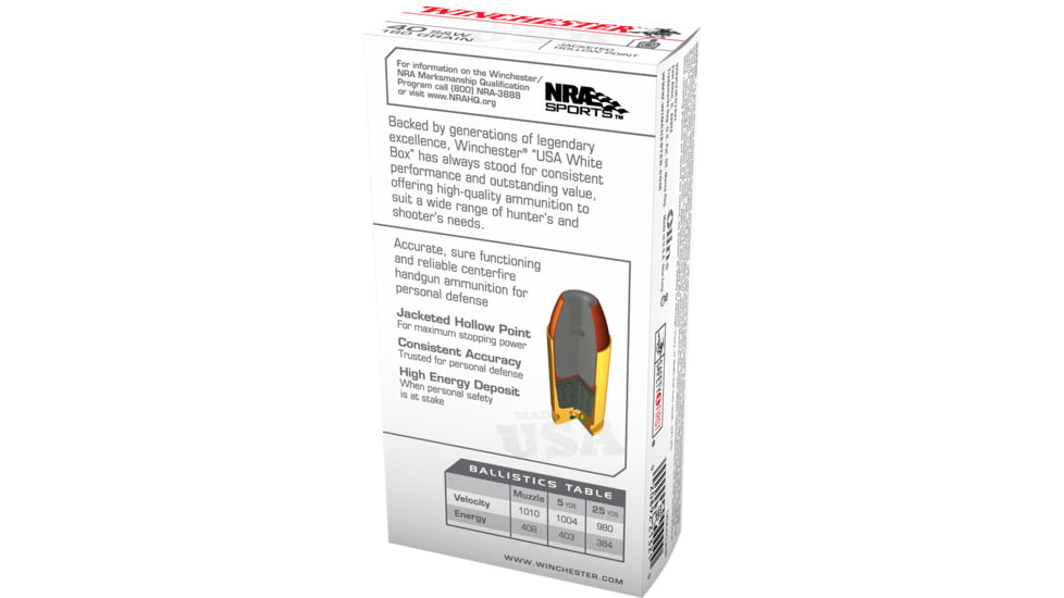 Winchester USA Handgun .40 S&amp;W 180 grain Jacketed Hollow Point Brass Cased Centerfire Pistol Ammo, 50 Rounds, USA40JHP