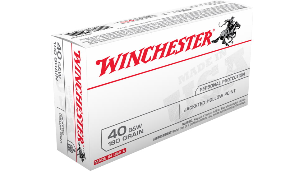 Winchester USA Handgun .40 S&amp;W 180 grain Jacketed Hollow Point Brass Cased Centerfire Pistol Ammo, 50 Rounds, USA40JHP