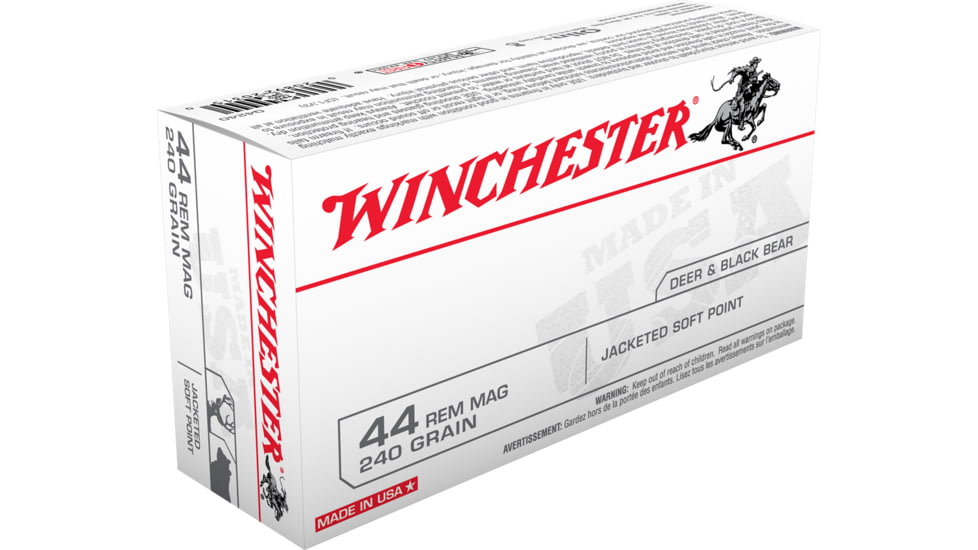 Winchester USA Handgun .44 Magnum 240 grain Jacketed Soft Point Brass Cased Centerfire Pistol Ammo, 50 Rounds, Q4240