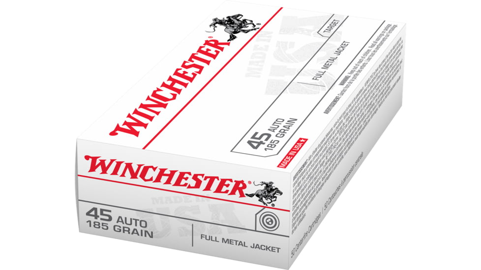 Winchester USA Handgun .45 ACP 185 grain Full Metal Jacket Brass Cased Centerfire Pistol Ammo, 50 Rounds, USA45A