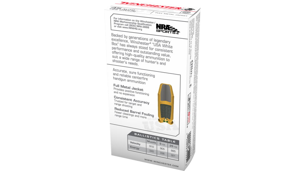 Winchester USA Handgun .45 ACP 185 grain Full Metal Jacket Brass Cased Centerfire Pistol Ammo, 50 Rounds, USA45A