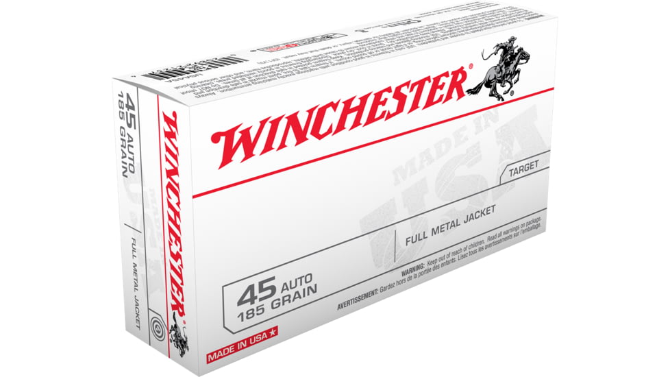 Winchester USA Handgun .45 ACP 185 grain Full Metal Jacket Brass Cased Centerfire Pistol Ammo, 50 Rounds, USA45A