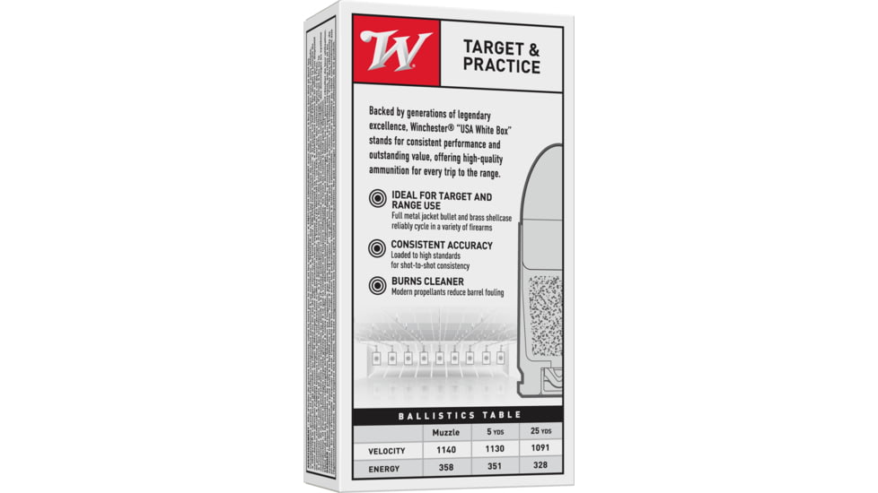 Winchester USA Handgun, 9 mm Luger, 124 grain, Full Metal Jacket, Brass, Centerfire Pistol Ammo, 50 Rounds, USA9 mm