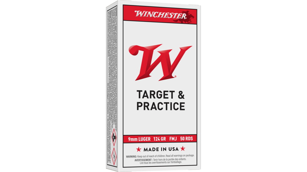 Winchester USA Handgun, 9 mm Luger, 124 grain, Full Metal Jacket, Brass, Centerfire Pistol Ammo, 50 Rounds, USA9 mm