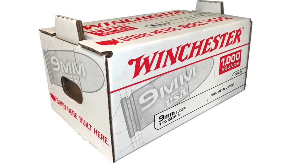 Winchester USA, 9mm Luger, 115 Grain, FMJ, Brass Case, Centerfire Pistol Ammo, 1000 Rounds Box, Q4172SC