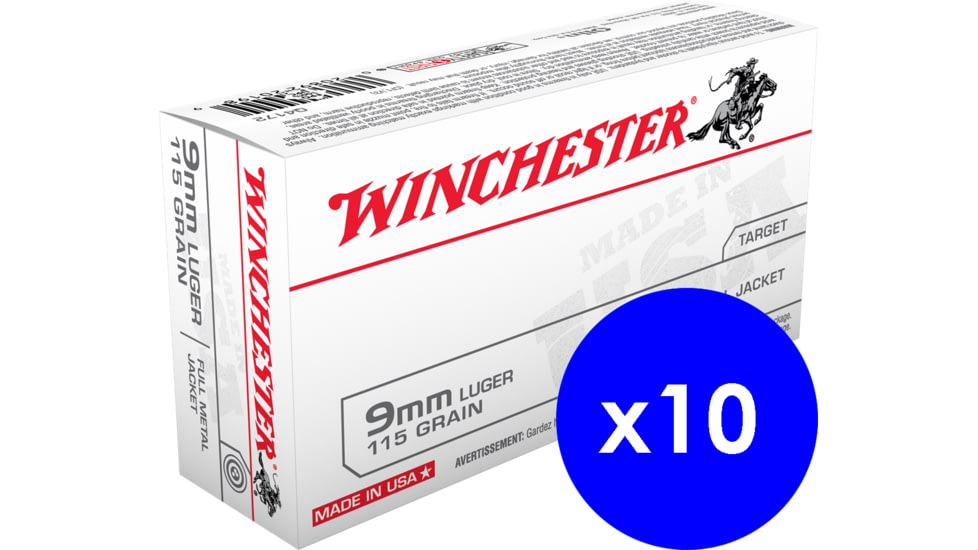 Winchester USA, 9mm Luger, 115 Grain, FMJ, Brass Case, Centerfire Pistol Ammo, 500 Rounds Box, Q4172-KIT5