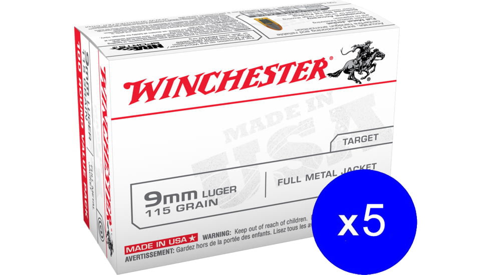 Winchester USA Handgun 9 mm Luger 115 grain Full Metal Jacket Centerfire Pistol Ammo, 500 Rounds, USA9MMVP-KIT1