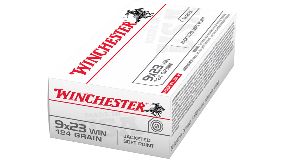 Winchester USA Handgun 9x23mm Winchester 124 grain Jacketed Flat Point Brass Cased Centerfire Pistol Ammo, 50 Rounds, Q4304