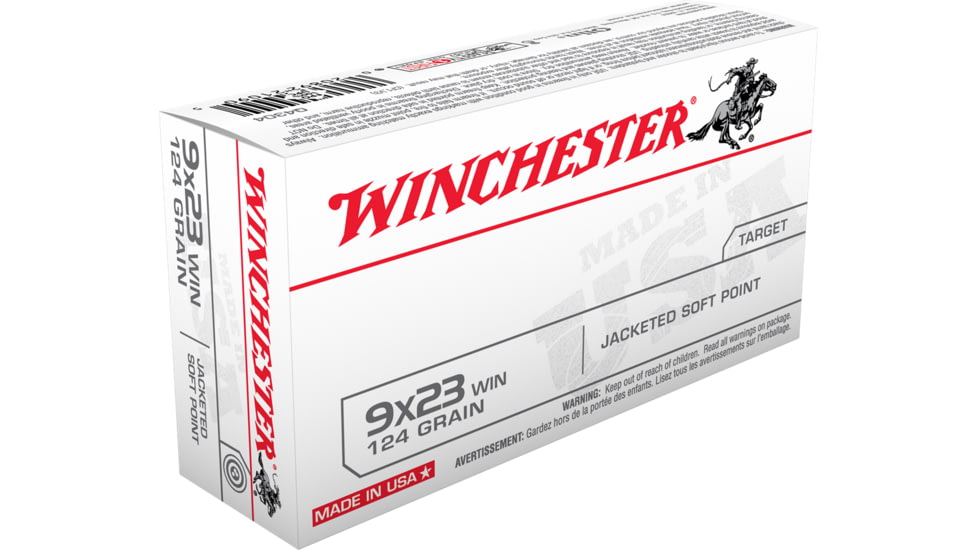 Winchester USA Handgun 9x23mm Winchester 124 grain Jacketed Flat Point Brass Cased Centerfire Pistol Ammo, 50 Rounds, Q4304