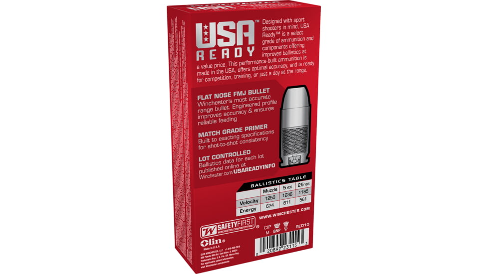 Winchester USA Ready 10mm 180 Grain Full Metal Jacket Flat Nose Pistol Ammo, 50 Rounds, RED10