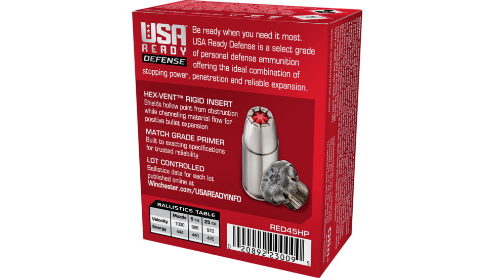 Winchester USA Ready .45 ACP 200 Grain Hex-Vent HP Pistol Ammo, 20 Round, RED45HP