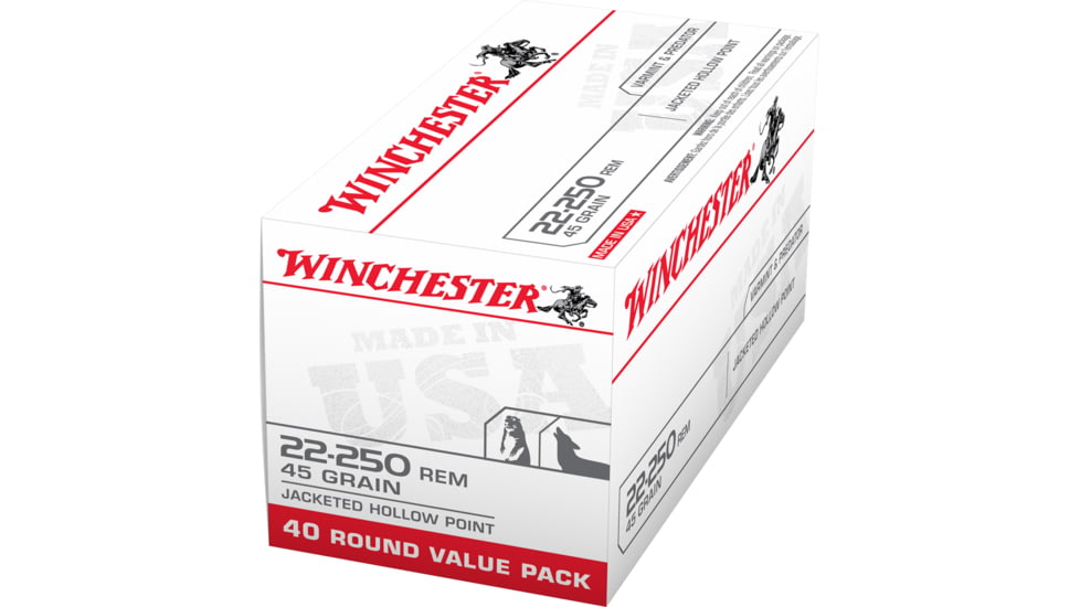 Winchester USA RIFLE .22-250 Remington 45 grain Jacketed Hollow Point Brass Cased Centerfire Rifle Ammo, 40 Rounds, USA222502