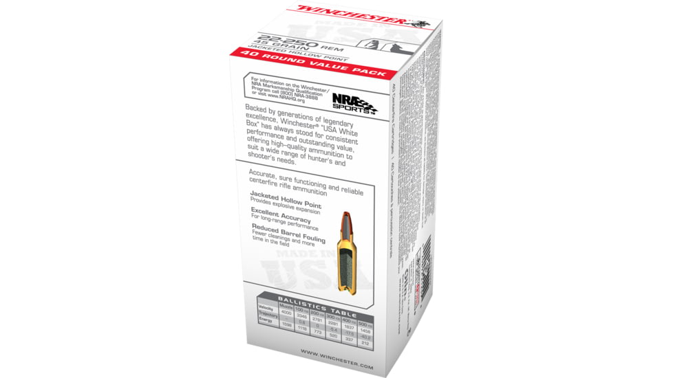 Winchester USA RIFLE .22-250 Remington 45 grain Jacketed Hollow Point Brass Cased Centerfire Rifle Ammo, 40 Rounds, USA222502
