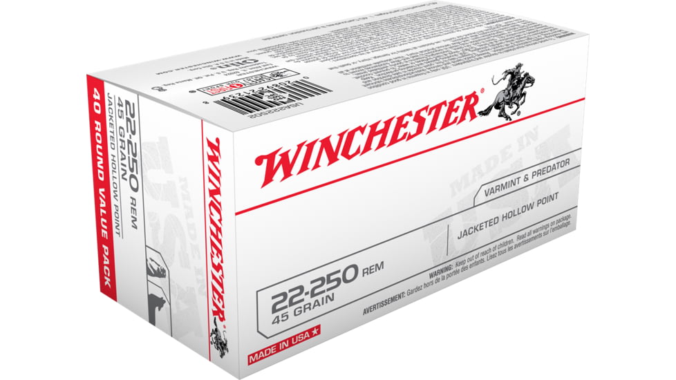 Winchester USA RIFLE .22-250 Remington 45 grain Jacketed Hollow Point Brass Cased Centerfire Rifle Ammo, 40 Rounds, USA222502