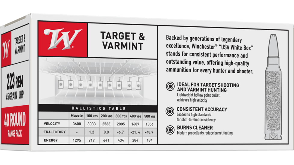 Winchester USA RIFLE .223 Remington 45 grain Jacketed Hollow Point Centerfire Rifle Ammo, 40 Rounds, USA2232