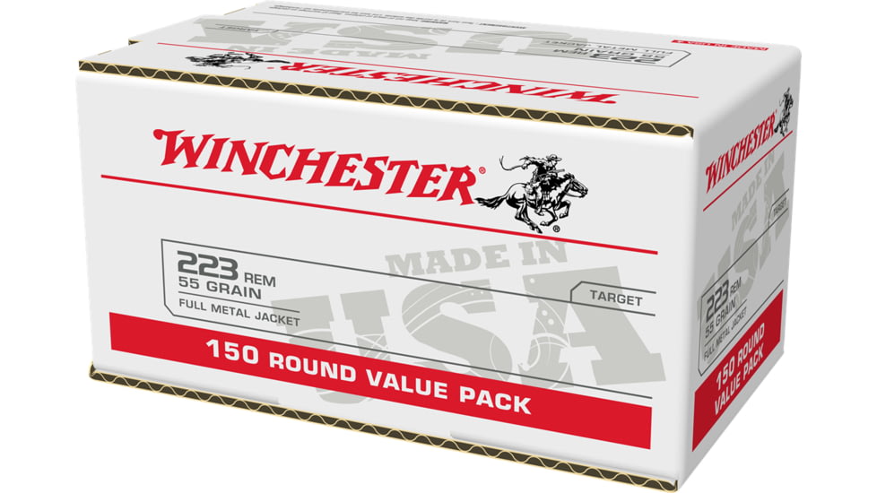 Winchester USA RIFLE .223 Remington 55 Grain Full Metal Jacket Brass Cased Centerfire Rifle Ammo, 150 Rounds, W223150