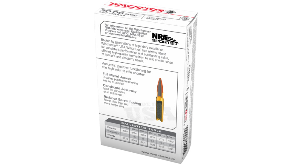 Winchester USA RIFLE .30-06 Springfield 147 grain Full Metal Jacket Centerfire Rifle Ammo, 20 Rounds, USA3006