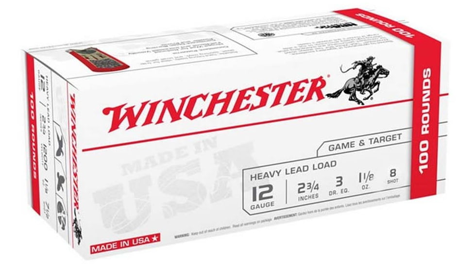 Winchester USA Shotshell, 12 Gauge, 1 1/8 oz, 2 3/4 in, Size 8, Centerfire Shotgun Ammo, 100, USA128VP