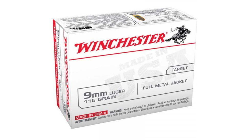 Winchester USA White Box 9mm Luger 115 Grain Full Metal Jacket Brass Pistol Ammo, 500 Rounds, USA9MMVP5