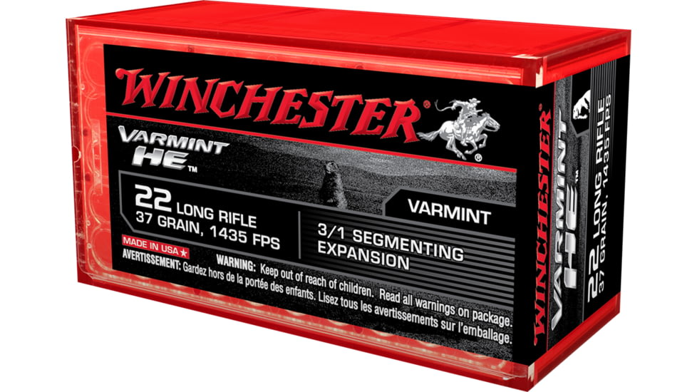 Winchester Varmint HE .22 Long Rifle 37 grain 3/1 Fragmenting Hollow Point Rimfire Ammo, 50 Rounds, S22LRFSP