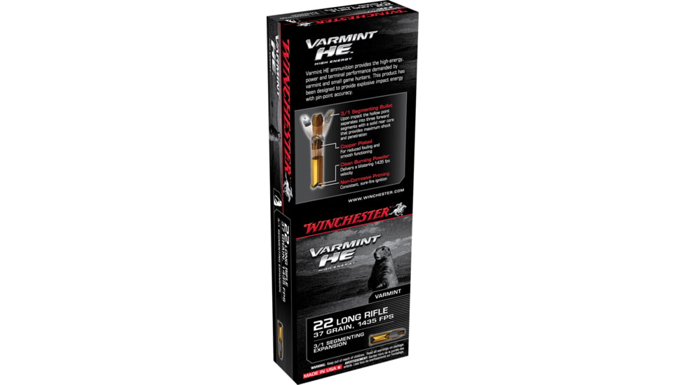 Winchester Varmint HE .22 Long Rifle 37 grain 3/1 Fragmenting Hollow Point Rimfire Ammo, 50 Rounds, S22LRFSP
