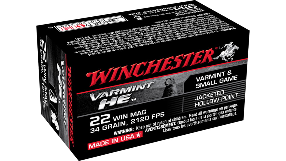 Winchester Varmint HE .22 Winchester Magnum Rimfire 34 grain Jacketed Hollow Point Rimfire Ammo, 50 Rounds, S22WM