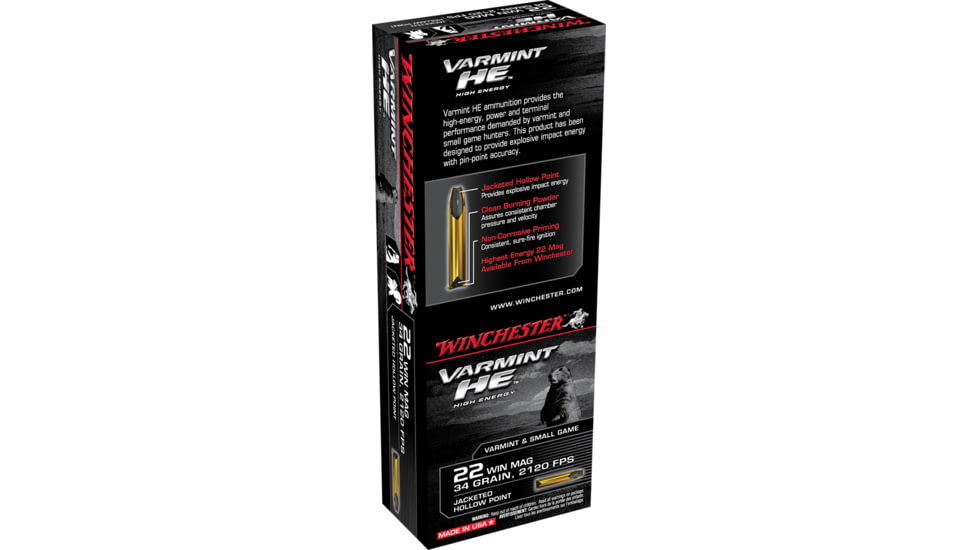 Winchester Varmint HE .22 Winchester Magnum Rimfire 34 grain Jacketed Hollow Point Rimfire Ammo, 50 Rounds, S22WM