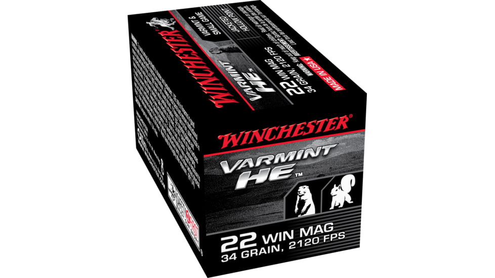 Winchester Varmint HE .22 Winchester Magnum Rimfire 34 grain Jacketed Hollow Point Rimfire Ammo, 50 Rounds, S22WM