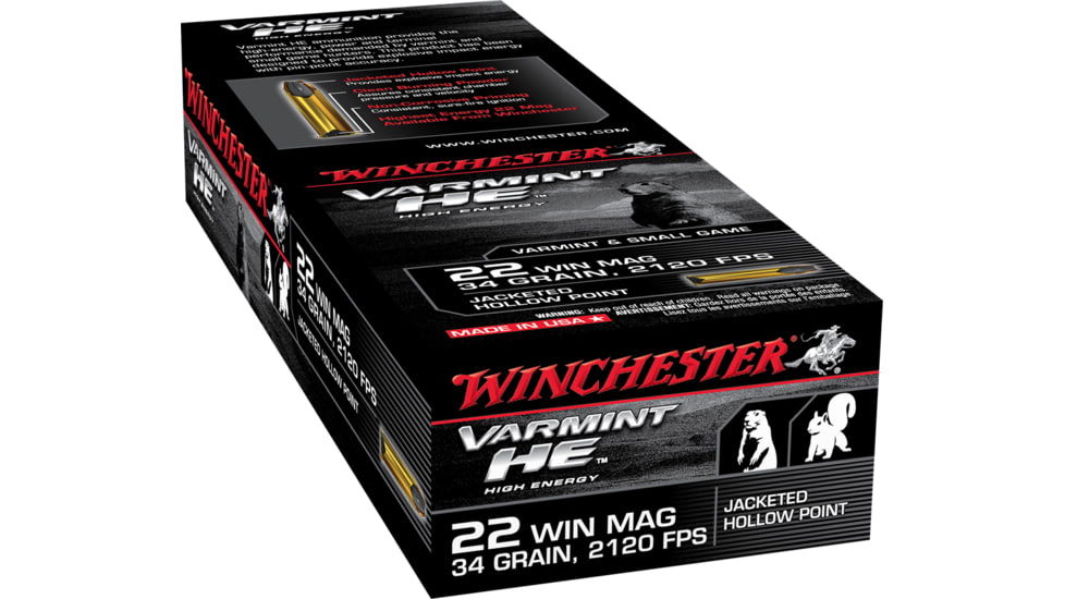 Winchester Varmint HE .22 Winchester Magnum Rimfire 34 grain Jacketed Hollow Point Rimfire Ammo, 50 Rounds, S22WM
