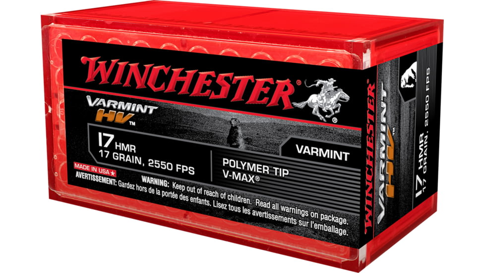 Winchester Varmint HV .17 Hornady Magnum Rimfire 17 grain Polymer Tip V-Max Rimfire Ammo, 50 Rounds, S17HMR1