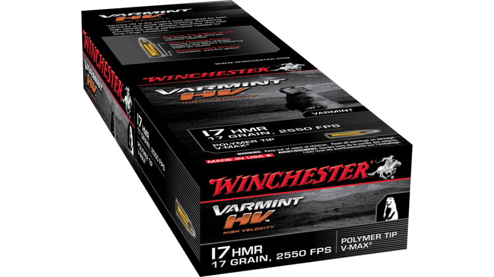 Winchester Varmint HV .17 Hornady Magnum Rimfire 17 grain Polymer Tip V-Max Rimfire Ammo, 50 Rounds, S17HMR1