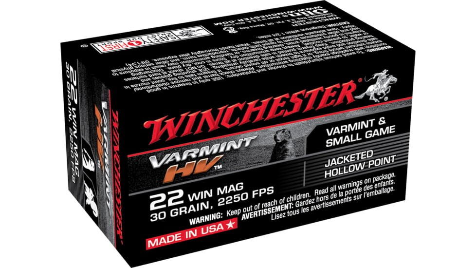 Winchester Varmint HV .22 Winchester Magnum Rimfire 30 grain Jacketed Hollow Point Brass Cased Rimfire Ammo, 50 Rounds, S22M2