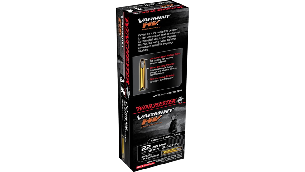 Winchester Varmint HV .22 Winchester Magnum Rimfire 30 grain Jacketed Hollow Point Brass Cased Rimfire Ammo, 50 Rounds, S22M2
