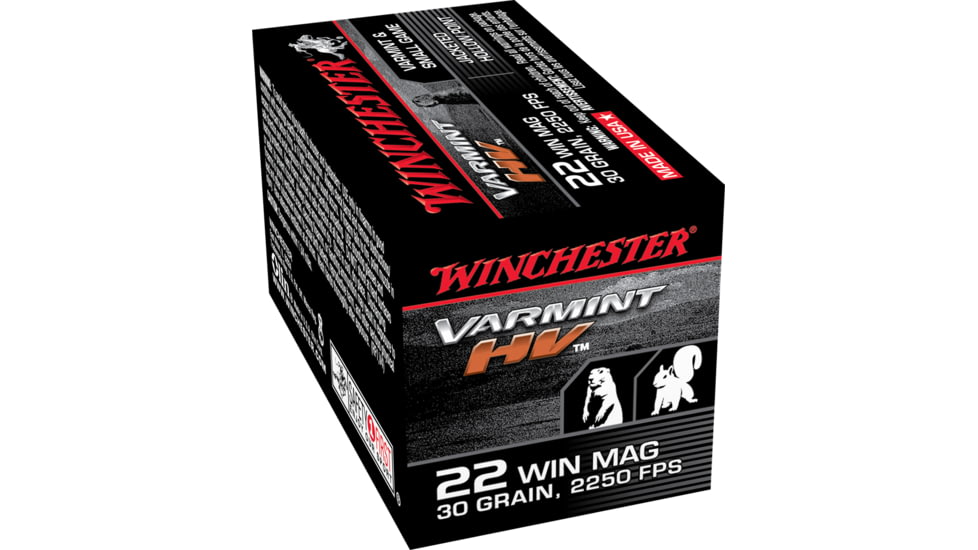 Winchester Varmint HV .22 Winchester Magnum Rimfire 30 grain Jacketed Hollow Point Brass Cased Rimfire Ammo, 50 Rounds, S22M2