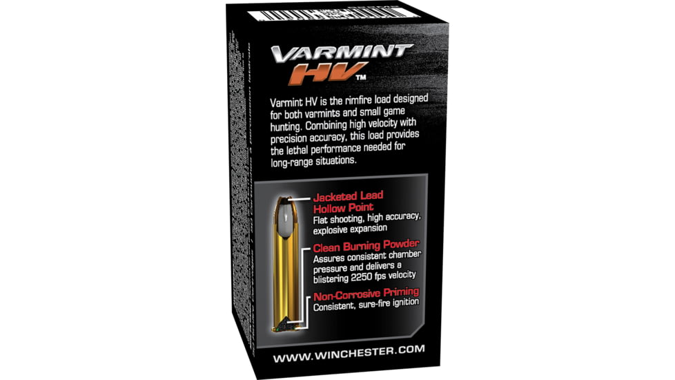 Winchester Varmint HV .22 Winchester Magnum Rimfire 30 grain Jacketed Hollow Point Brass Cased Rimfire Ammo, 50 Rounds, S22M2