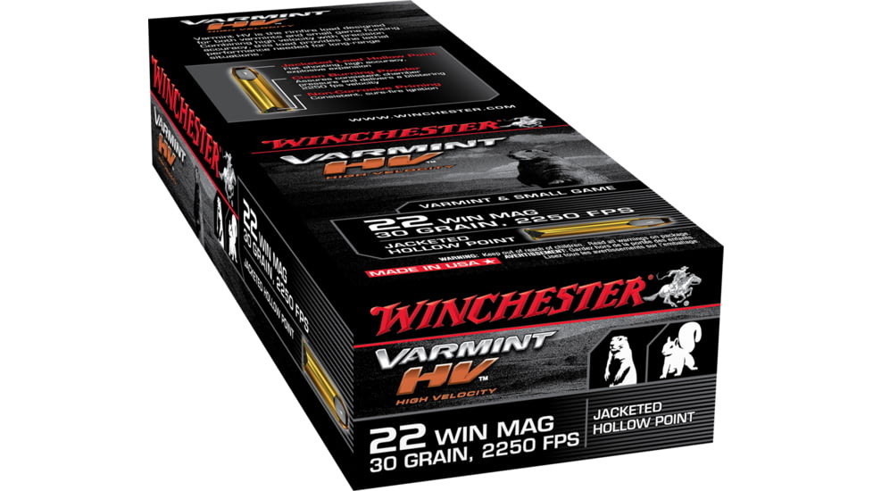 Winchester Varmint HV .22 Winchester Magnum Rimfire 30 grain Jacketed Hollow Point Brass Cased Rimfire Ammo, 50 Rounds, S22M2