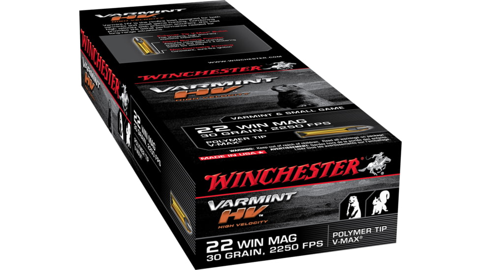 Winchester Varmint HV .22 Winchester Magnum Rimfire 30 grain Polymer Tip Rimfire Ammo, 50 Rounds, S22M2PT