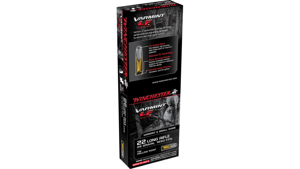 Winchester Varmint LF .22 Long Rifle 26 grain Tin Hollow Point Rimfire Ammo, 50 Rounds, X22LRHLF