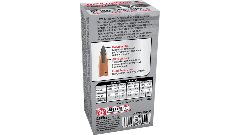 Winchester Varmint X LF .17 Winchester Super Magnum 15 grain Rapid Expansion Polymer Tip Rimfire Ammo, 50 Rounds, X17W15PLF