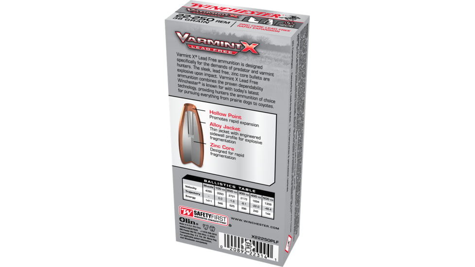 Winchester Varmint X RIFLE LEAD FREE .22-250 Remington 38 grain Zink Core Hollow Point Centerfire Rifle Ammo, 20 Rounds, X22250PLF