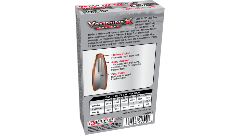Winchester Varmint X RIFLE LEAD FREE .243 Winchester 55 grain Zink Core Hollow Point Centerfire Rifle Ammo, 20 Rounds, X243PLF