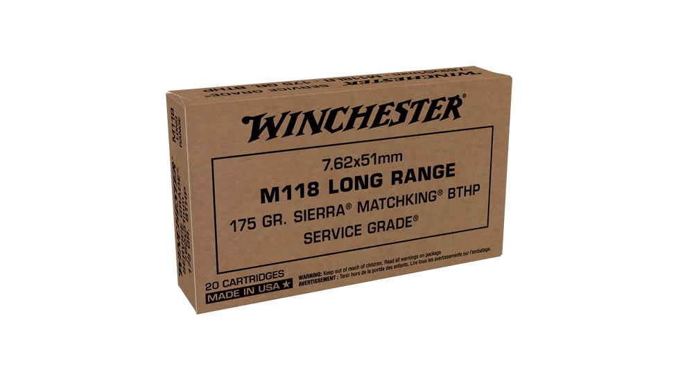 Winchester Service Grade 7.62x51mm NATO 175 Grain Long Range Sierra MatchKing Boat Tail Hollow Point Brass Centerfire Rifle Ammo, 20 Rounds, SGM118LRW