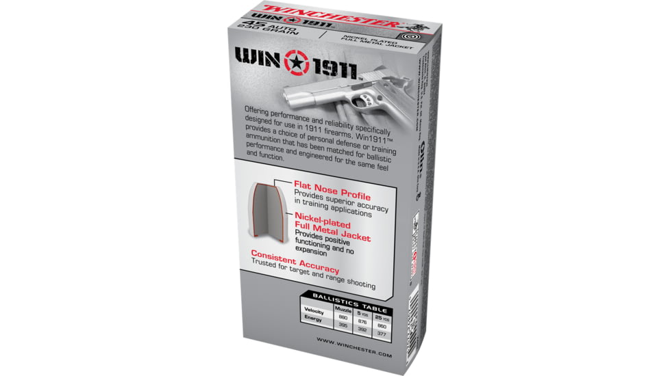 Winchester WIN1911 .45 ACP 230 grain Full Metal Jacket Centerfire Pistol Ammo, 50 Rounds, X45T
