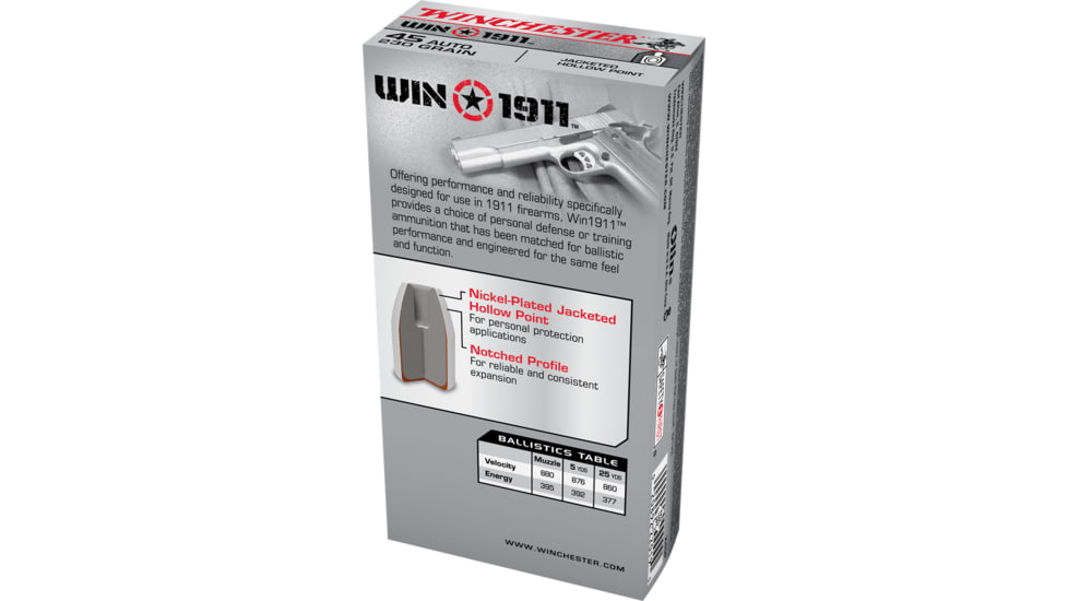 Winchester WIN1911 .45 ACP 230 grain Jacketed Hollow Point Centerfire Pistol Ammo, 50 Rounds, X45P