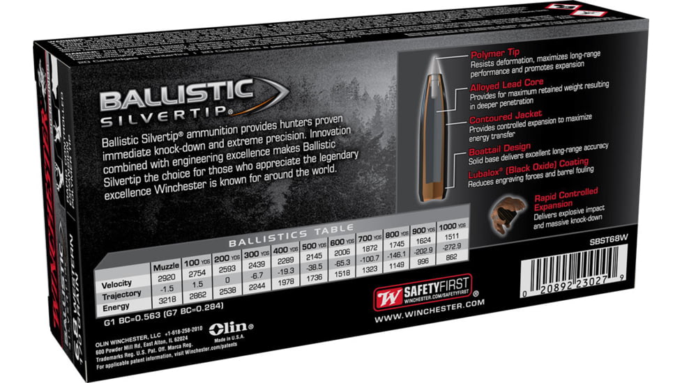 Winchester Ballistic Silvertip 6.8 Western 170 Grain Rapid Controlled Expansion Polymer Tip Brass Cased Centerfire Rifle Ammo, 20 Rounds, WINCSBST68W