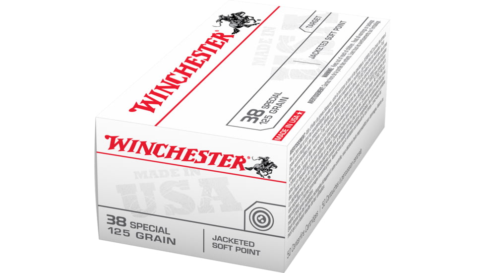 Winchester .38 Special 125 grain Jacketed Flat Point Brass Cased Centerfire Pistol Ammo, 50 Rounds, USA38SP
