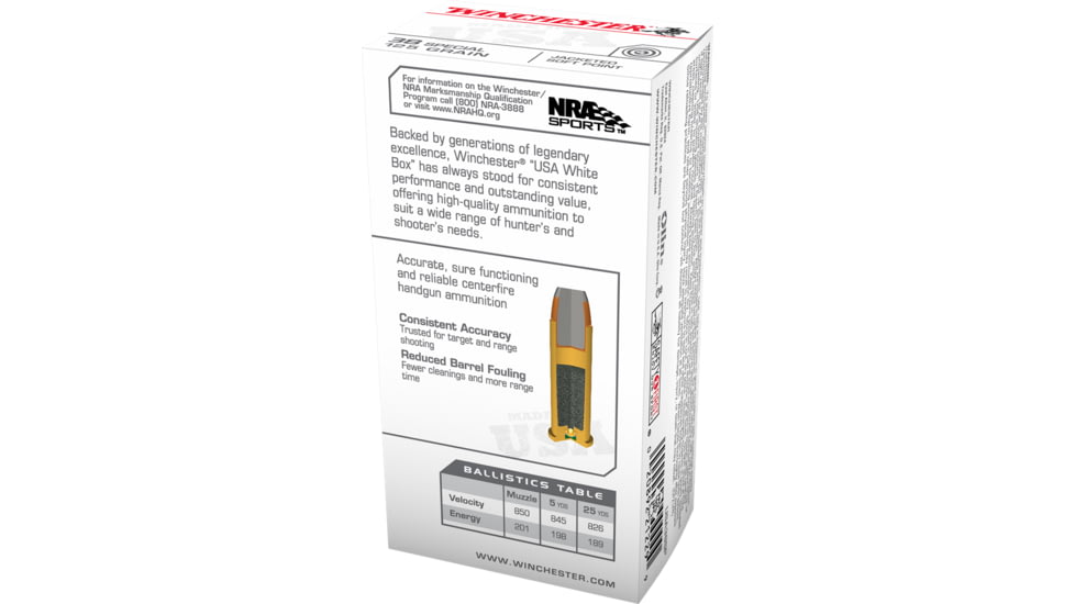 Winchester .38 Special 125 grain Jacketed Flat Point Brass Cased Centerfire Pistol Ammo, 50 Rounds, USA38SP