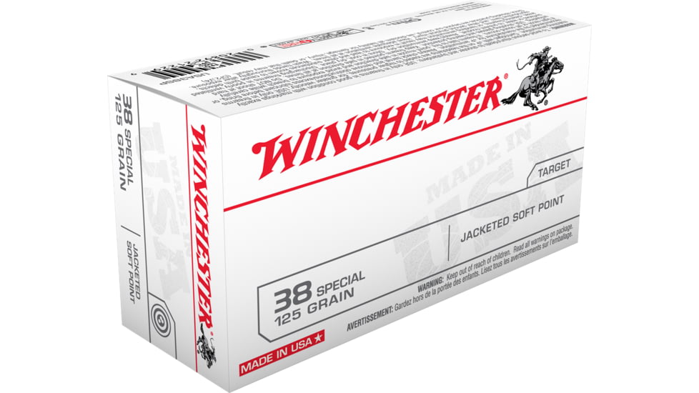 Winchester .38 Special 125 grain Jacketed Flat Point Brass Cased Centerfire Pistol Ammo, 50 Rounds, USA38SP