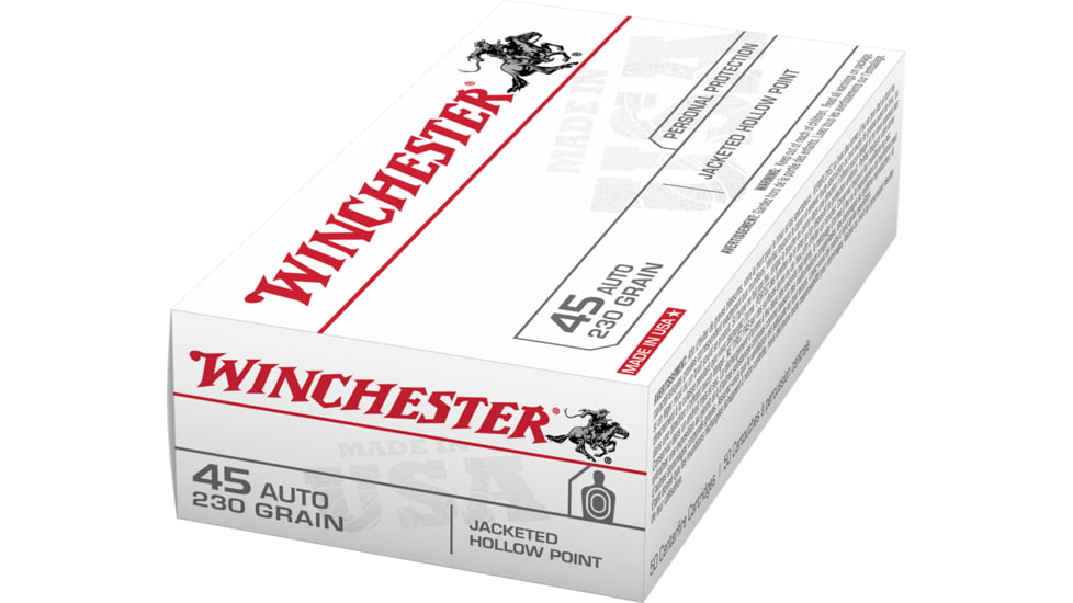 Winchester .45 ACP 230 grain Jacketed Hollow Point Centerfire Pistol Ammo, 50 Rounds, USA45JHP